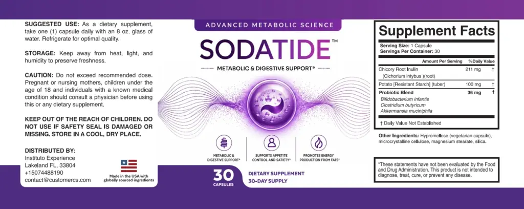 The SodaTide supplement facts panel showing chicory root inulin 211 mg, potato resistant starch 100 mg and a 36 mg probiotic blend