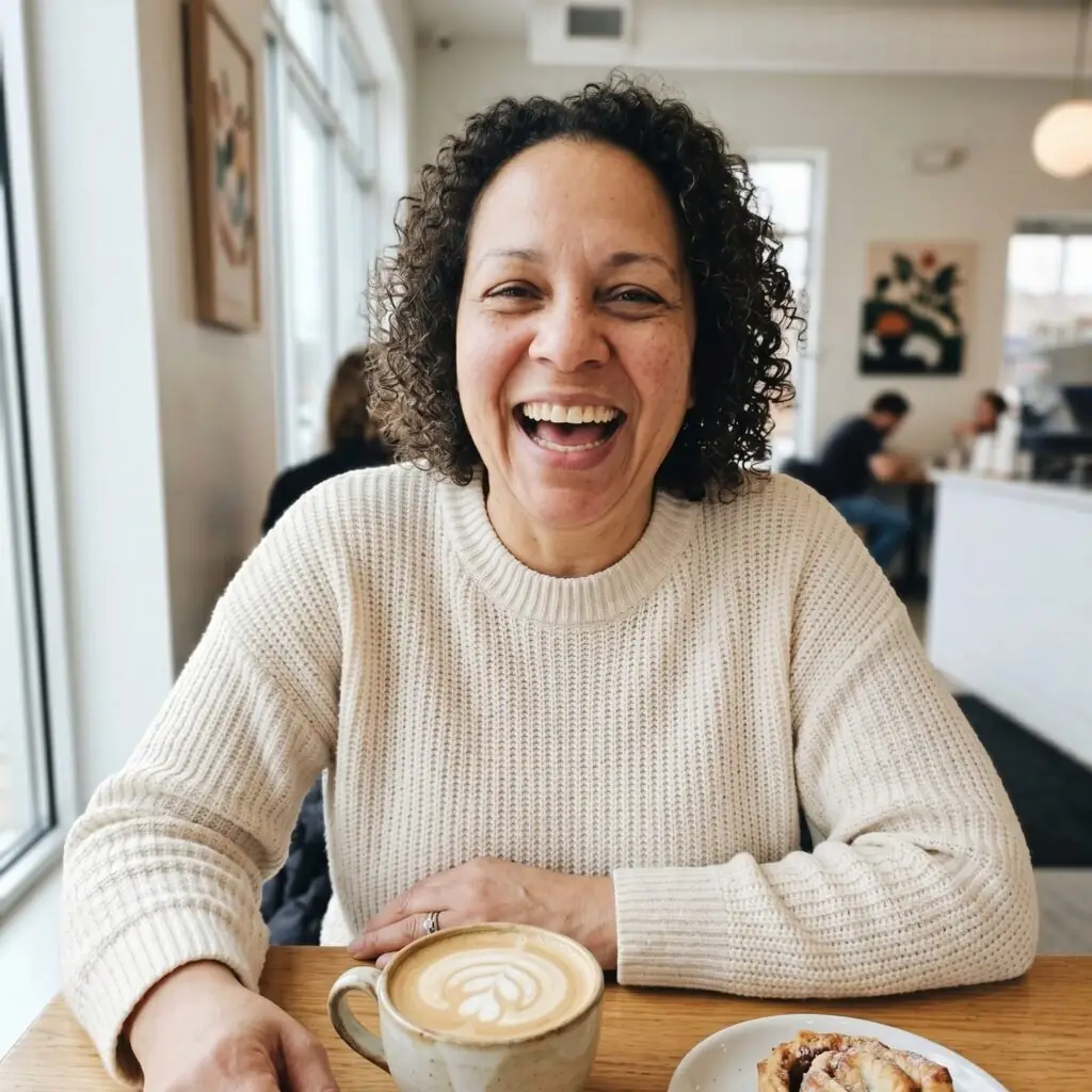 A brand-supplied photograph of a smiling woman in a cafe