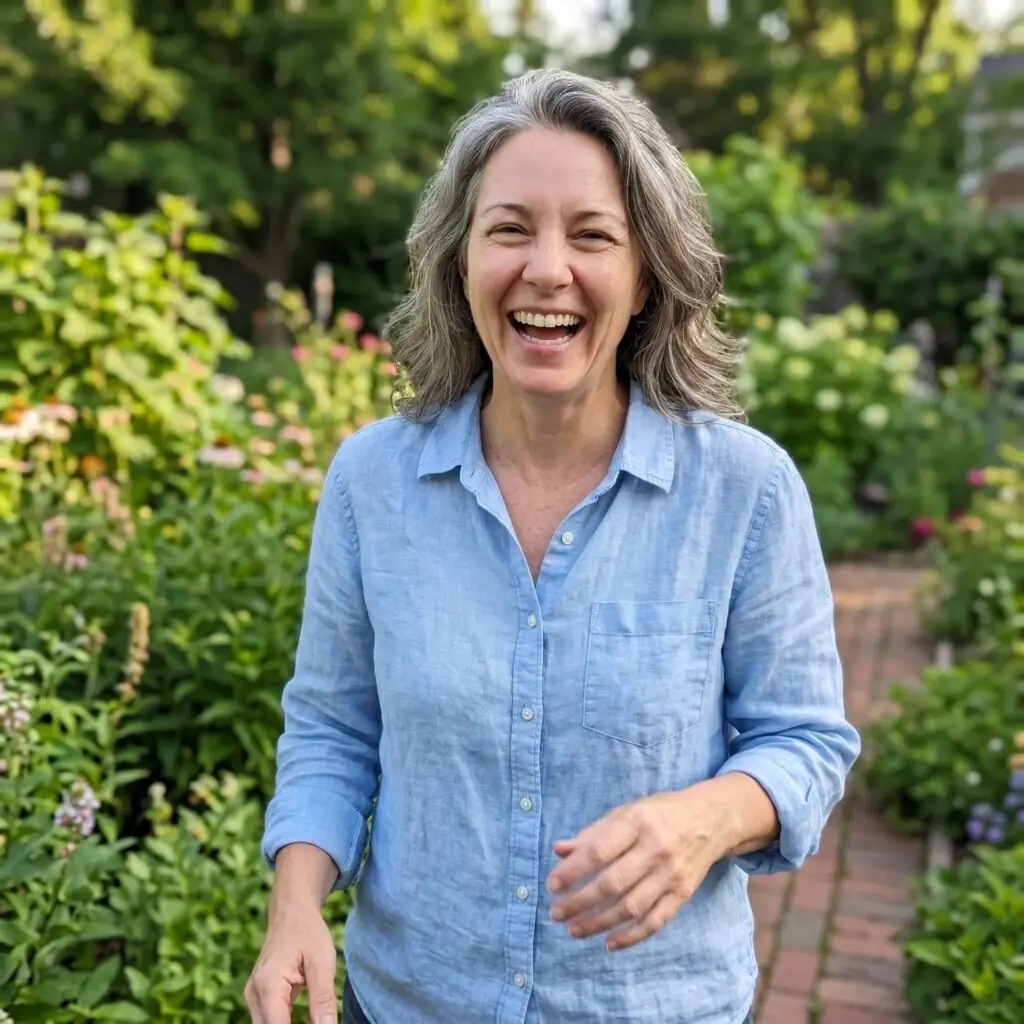 A brand-supplied photograph of a smiling woman in a garden