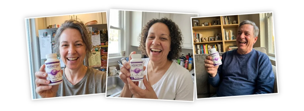 Brand-supplied photographs of three people holding bottles of SodaTide
